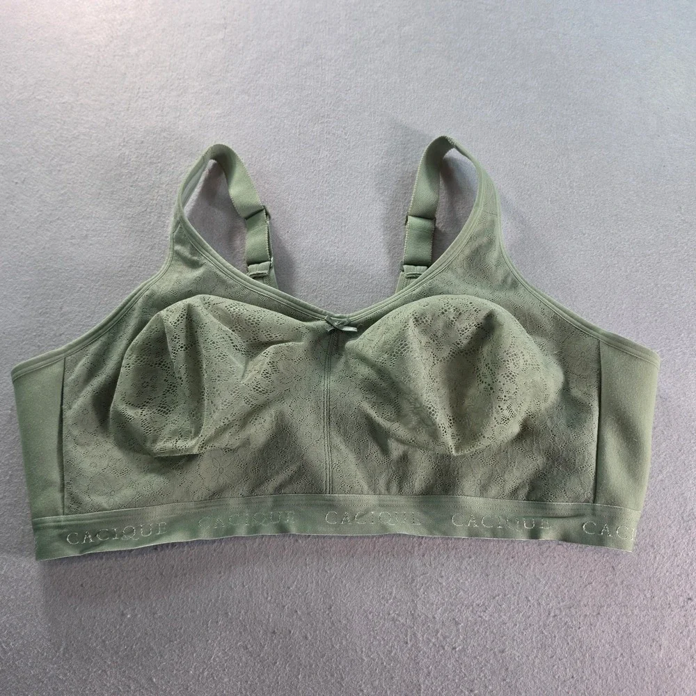 Cacique Sage Green Lace Unlined Full Coverage Bra 48DD Wire Free Adjustable